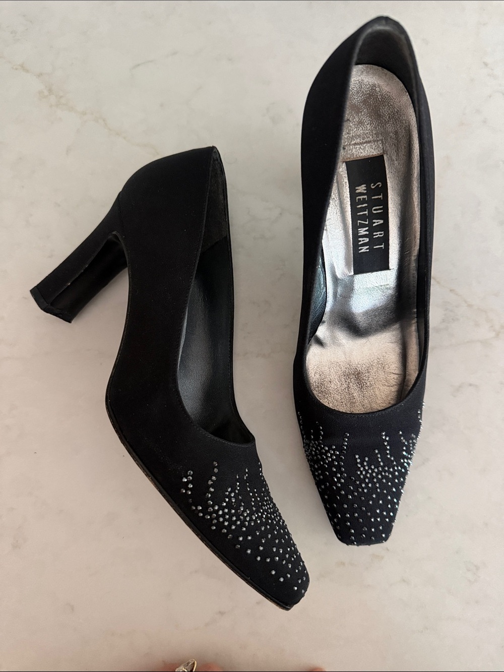 Stuart Weitzman Black Crystal-Studded Pointed Pumps - Picture 2 of 7